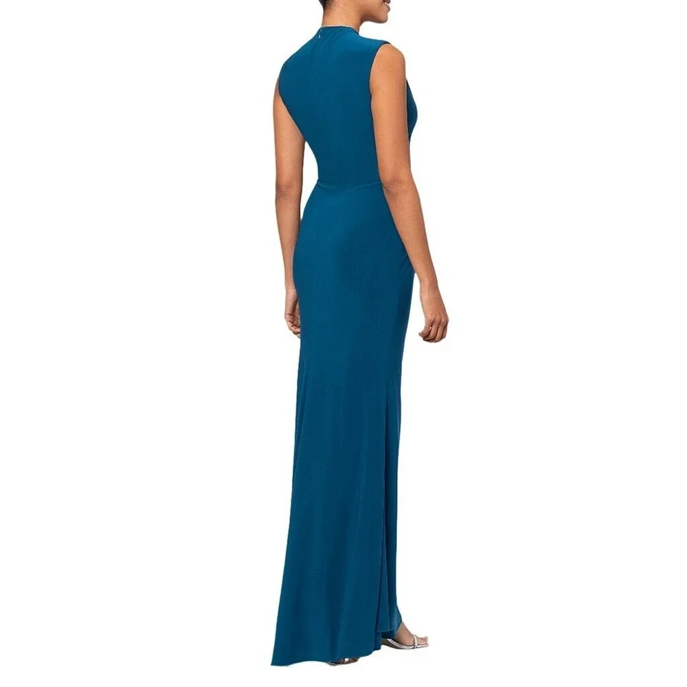 Betsy & Adam Dress Size 12 Mallard Teal Ruched Mock Neck Draped Maxi Gown - Picture 2 of 11